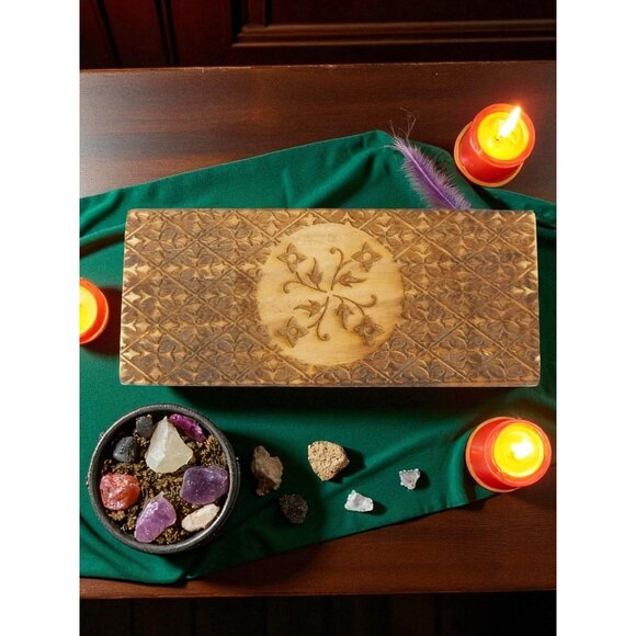 Hand Carved Wooden Box Tarot Floral Motif Latch Closure Storage Jewelry Decor - Picture 1 of 12